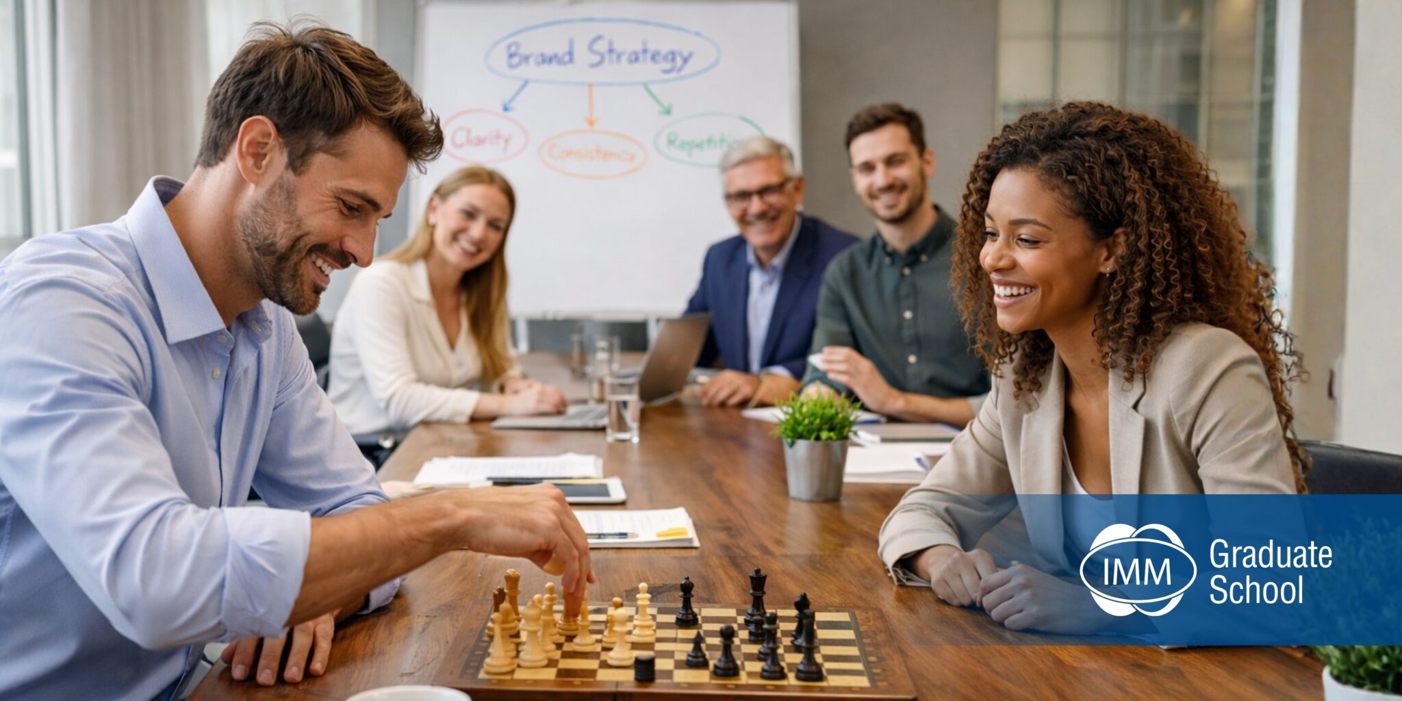 colleagues-playing-chess-in-boardroom-with-brand-strategy-whiteboard-behind-them 