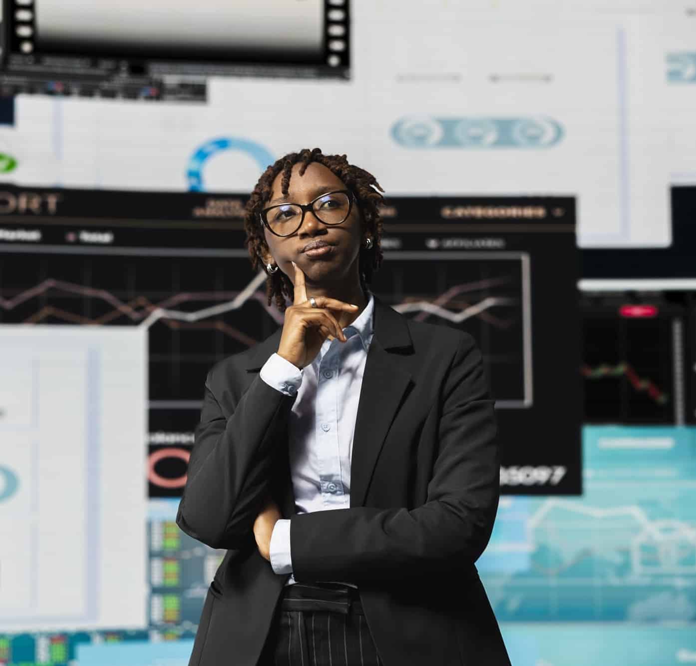 An African female business leader looking thoughtfully at digital financial dashboards and performance analytics screens.